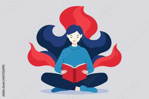 Serene Woman Reading Book in Lotus Position with Red and Blue Waves Design