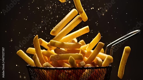 Golden fries falling into a wire basket, capturing the essence of fast food preparation with a dark backdrop