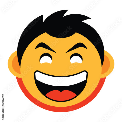 Smiling Cartoon Face with Orange Skin, Black Hair, and Red Outline on White