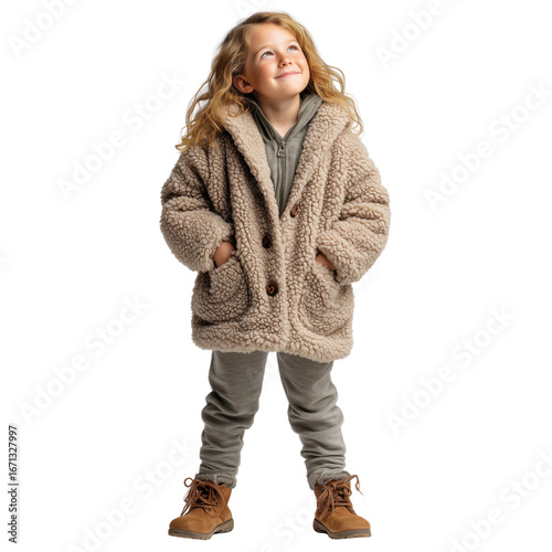 Smiling 6–7 year old girl wearing buttoned cardigan, soft knit pants, lace-up boots, standing with hands in pockets. Youth caucasian kid model. Isolated object with transparent background