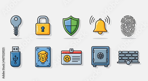 Colorful Security Icons: Key, Lock, Shield, Bell, Fingerprint, USB, Face ID, ID Card, Safe, Brick Wall
