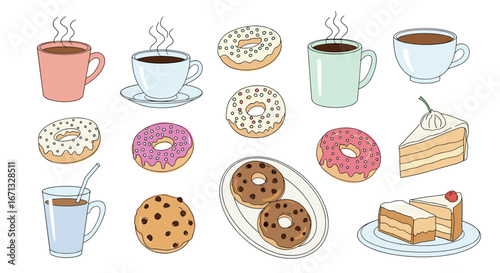 Delightful assortment of sweet treats including coffee cups, donuts, cookies, and cake slices