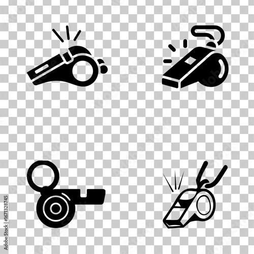 Set of whistle icons in black silhouette style. Collection includes different whistle designs with sound lines, referee and sport whistle symbols isolated on transparent background.