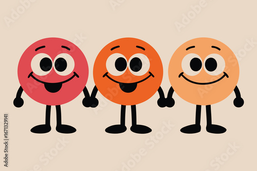 Three Colorful Cartoon Characters Holding Hands, Red, Orange, and Light Orange Smiley Faces