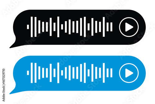 Voice message, audio chat interface and record play bubble, vector messenger playback. Voice message icon of microphone button and sound wave of recording listen in eps 10.