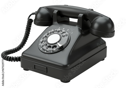 Isolated black rotary dial telephone, an antique telephone from the mid 20th century