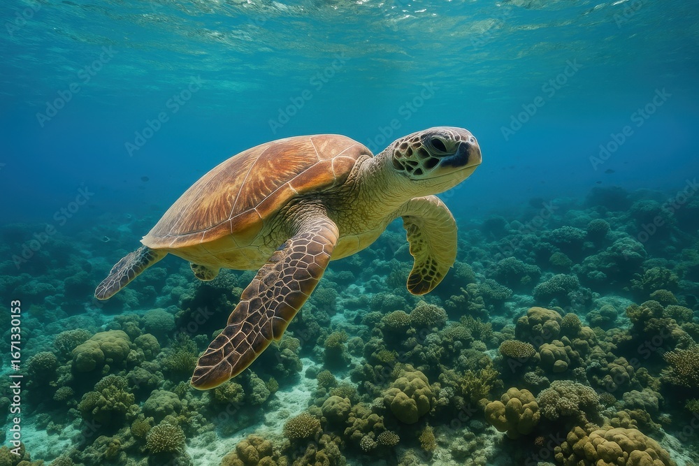 Obraz premium Underwater Turtle's Journey: A magnificent sea turtle gracefully glides through the crystal-clear ocean waters, showcasing its intricate shell and the vibrant coral reef ecosystem it calls home.