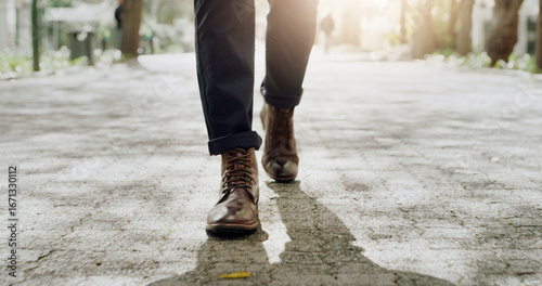 Canvastavla Shoes, businessman and walk on road for travel, morning commute and journey with flare