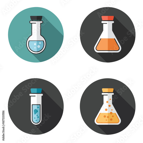 Science flasks Four science flasks with solutions in teal and black circles