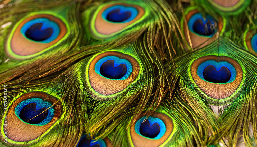 Fototapeta premium Close-Up of Vibrant Peacock Feathers with Green and Blue Hues