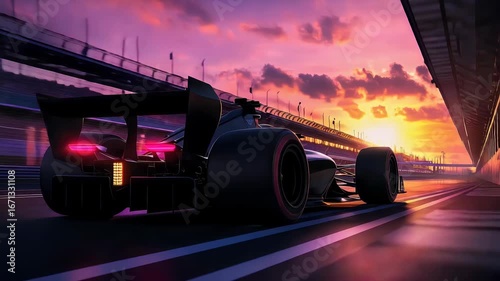 Dramatic sunset illuminates high performance racing car speeding through racetrack tunnel black car vibrant colors