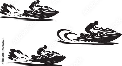 Three jet skis with riders on a white background in a sketch style