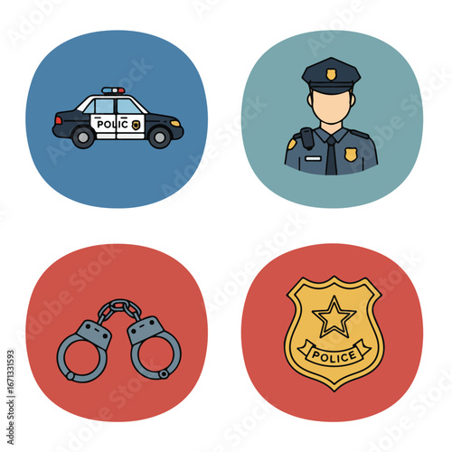 Law Icons Car, Cop, Cuffs, Badge