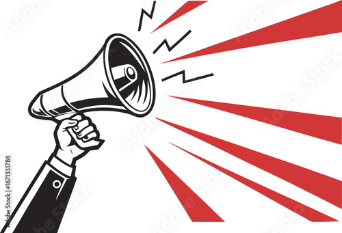 hand holding megaphone with dynamic sound effects for broadcasting message