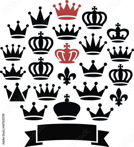 Collection of royal crowns and fleur de lis symbols in a circle with banner
