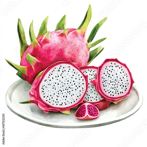 a cute Dragon fruit on a plate and some cuts