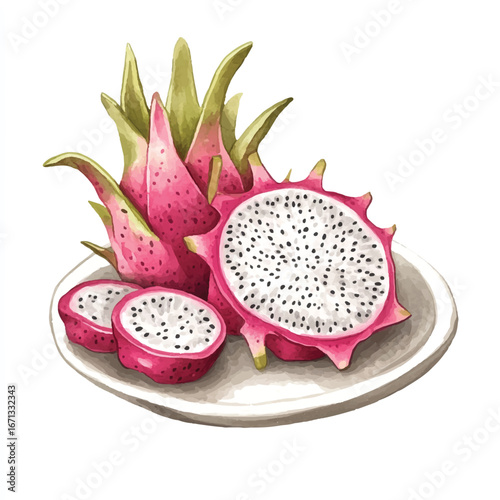 a cute Dragon fruit on a plate and some cuts