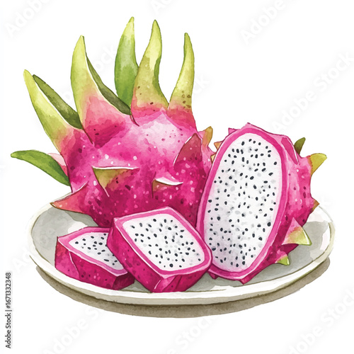 a cute Dragon fruit on a plate and some cuts
