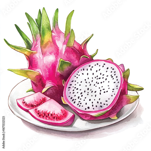 a cute Dragon fruit on a plate and some cuts