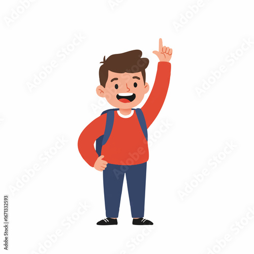 An excited young school boy enthusiastically raises his hand to participate in class, presented as a clean 2D flat vector illustration with solid colors, isolated on a bright white background.
