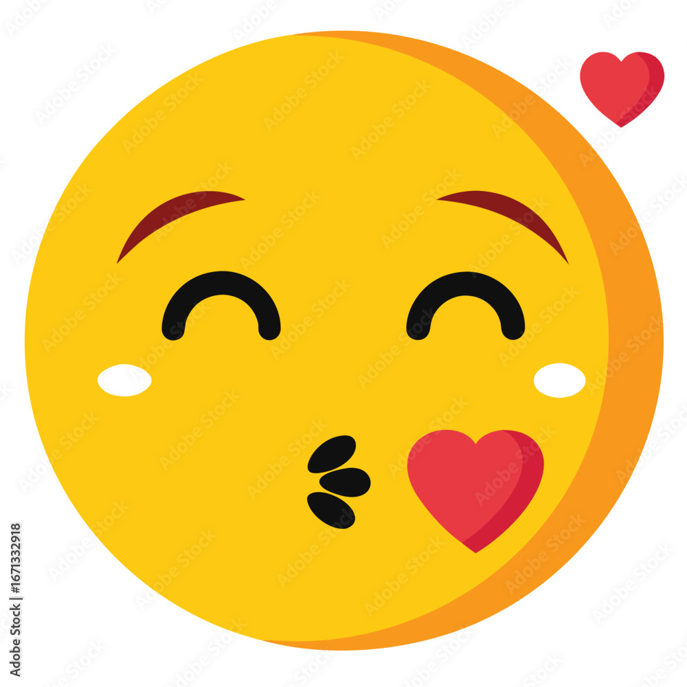 Fototapeta premium Yellow Kissing Face Emoji with Hearts Love, Romance, Affection, Expressing Affection