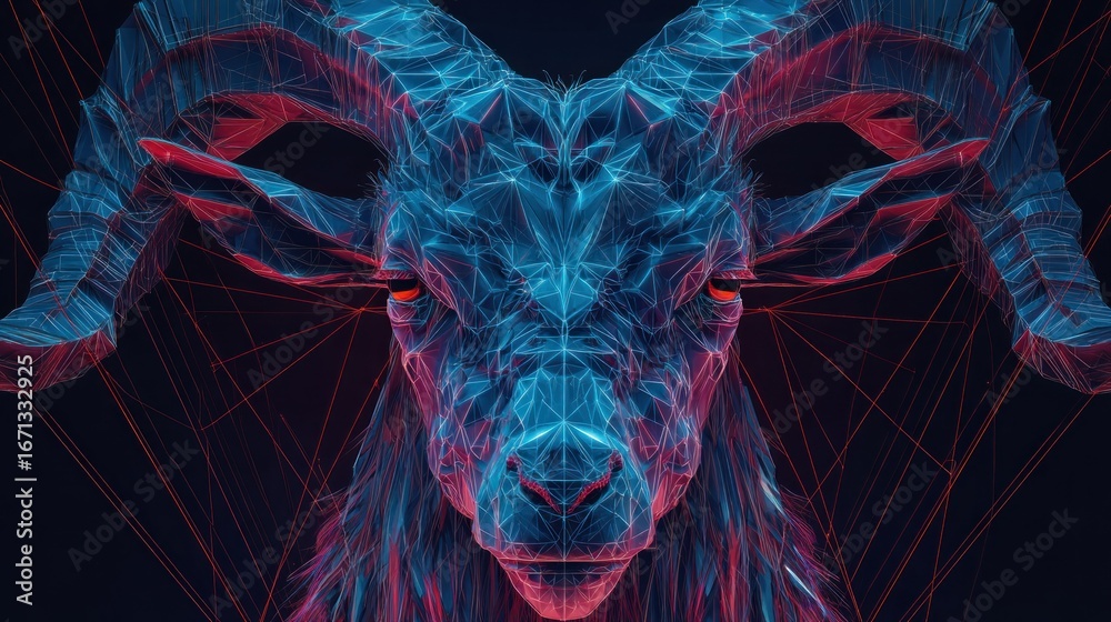 Naklejka premium Abstract low poly goat head illustration with vibrant blue and red colors on dark background