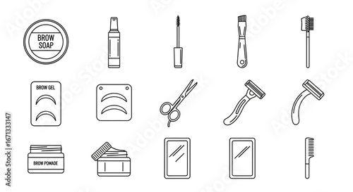 Collection of Eyebrow Grooming Tools and Products Outlined