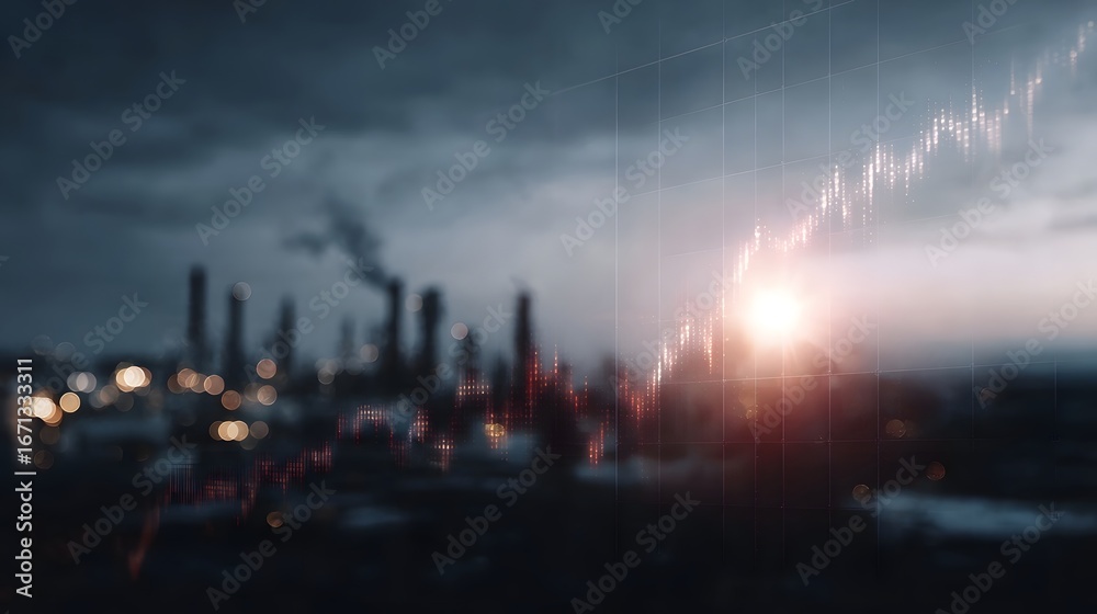 Fototapeta premium Industrial cityscape with financial data visualization overlay