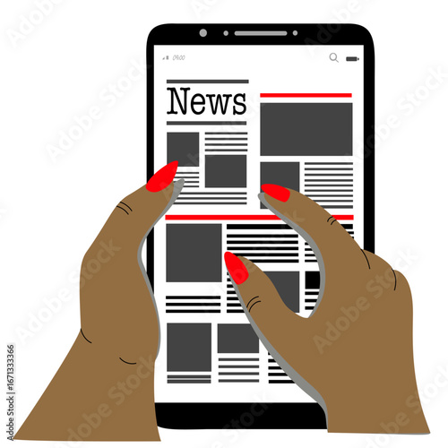 Flat vector illustration of hands holding a digital tablet reading online news symbolizing journalism media communication and digital information