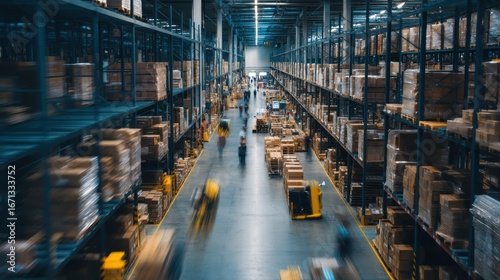 A large, busy warehouse with tall shelves stacked with boxes, forklifts, and workers moving quickly along the aisles