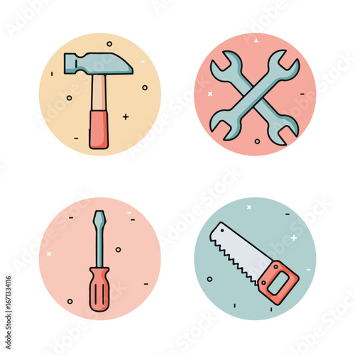 Toolkit icons hammer, wrenches, screwdriver and saw on pastel circles