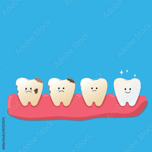 Four cartoon teeth show emotional and dental health stages—from sad and decayed to happy and sparkling clean. A playful visual promoting oral hygiene