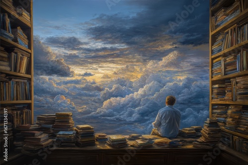 A person sits among stacks of books, gazing out at a dreamy, cloud-filled sky through a large window, evoking wonder and imagination