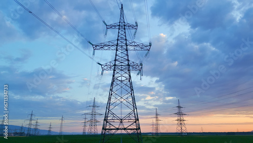 Power lines and pylons silhouetted against a vibrant dusk sky, showcasing sustainable energy infrastructure and modern power distribution.