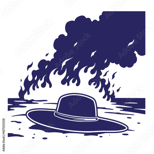 A floppy hat survives a wildfire with flames and smoke silhouetted against white