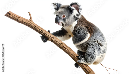 Gray Koala on Tree Branch Against White Background