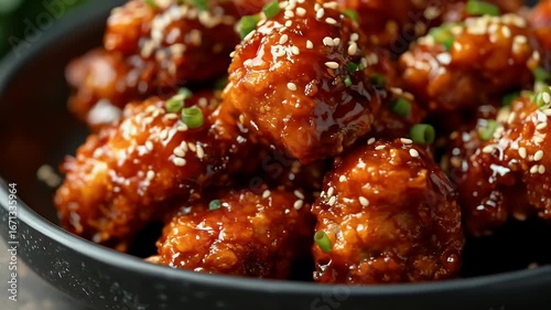 Honey glazed crispy chicken bites delicious food photography subject illuminated by warm light and glistening glaze crispy spicy and flavorful