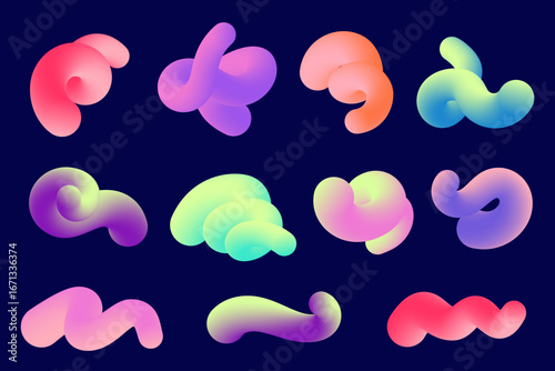 3D gradient shapes. Abstract color fluid wavy lines. Bright blended elements on dark background. Vector swirl modern dynamic strokes. Trendy organic doodles set