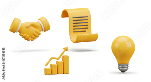 Handshake, contract, lightbulb and growth chart isolated on white background