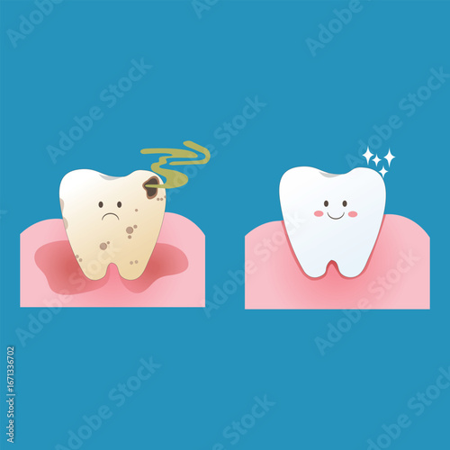 A visual contrast of dental health: one sad, decayed tooth with odor and inflamed gums vs. one happy, clean tooth with sparkles and healthy gums. Educational and engaging