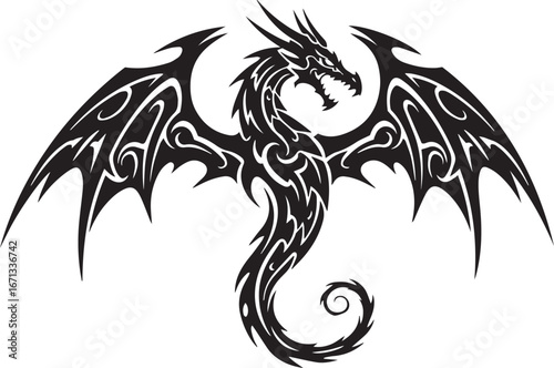 Black Tribal Dragon with Wings Spread on White Background vector illustration