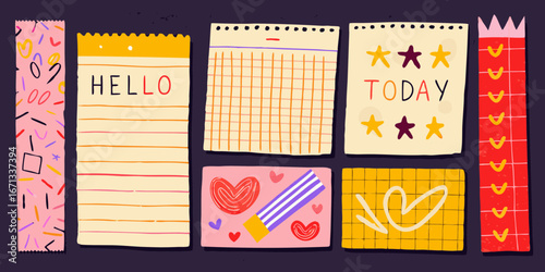 Hand drawn colorful sticky notes and paper scraps with fun doodles and messages