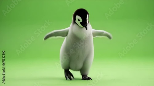 A charming, animated penguin chick takes a playful step against a bright green backdrop.