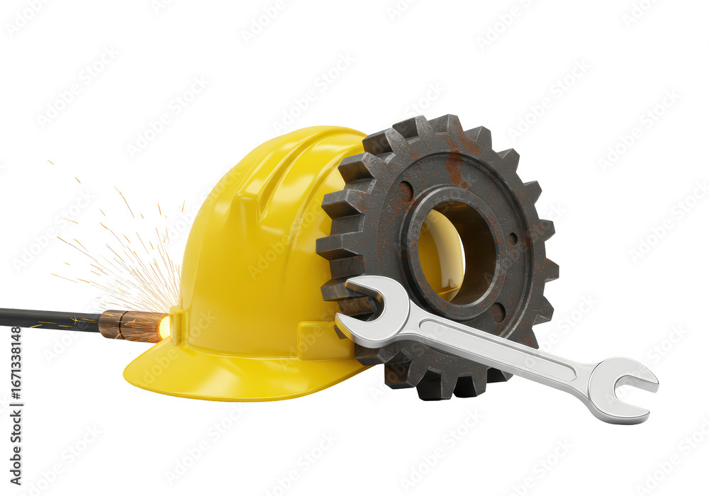 Fototapeta premium Isolated under construction concept still life with yellow hardhat and welding torch