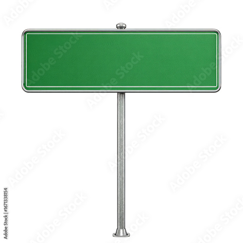 Blank green road sign on metal post