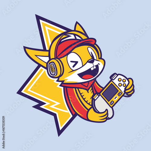 Gamer Squirrel: A cartoon-style image showcasing a playful squirrel engrossed in gaming, equipped with headphones and holding a controller, against a stylized backdrop.