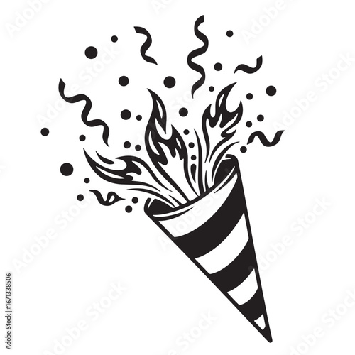 Black and white illustrated party popper with confetti and serpentine celebrating an event