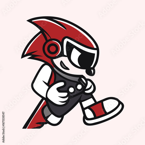 Cybernetic Adventurer: An animated figure clad in a futuristic suit is leaping forward with an enigmatic presence, symbolizing a surge of innovation and the thrill of discovery.
