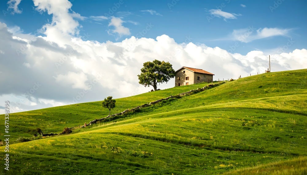 Obraz premium House on a Green Hill Under a Blue Sky.