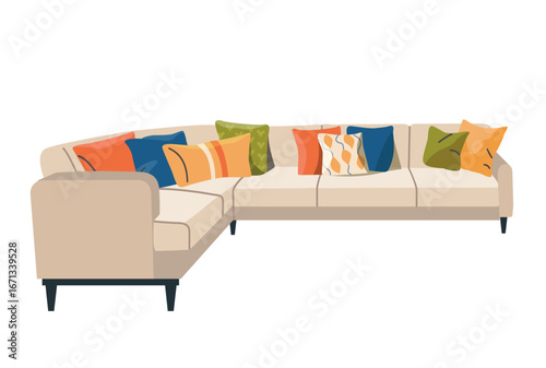 Corner sofa with pillows isolated. Vector flat style cartoon illustration